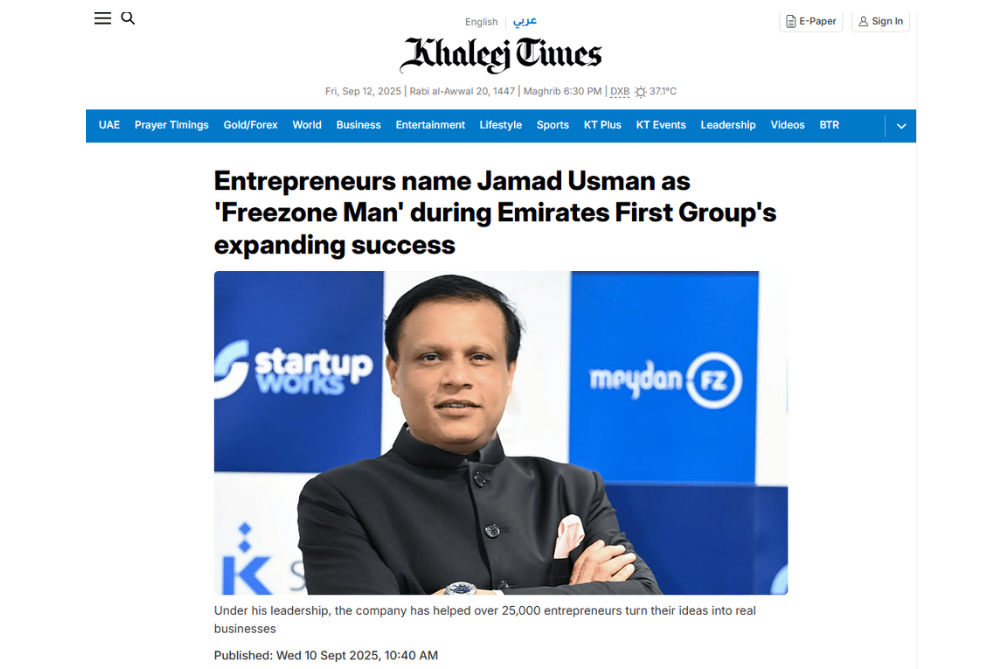 CEO of Emirates First & Startup Works, Jamad Usman Recognized as “Freezone Man” Featured in Khaleej Times